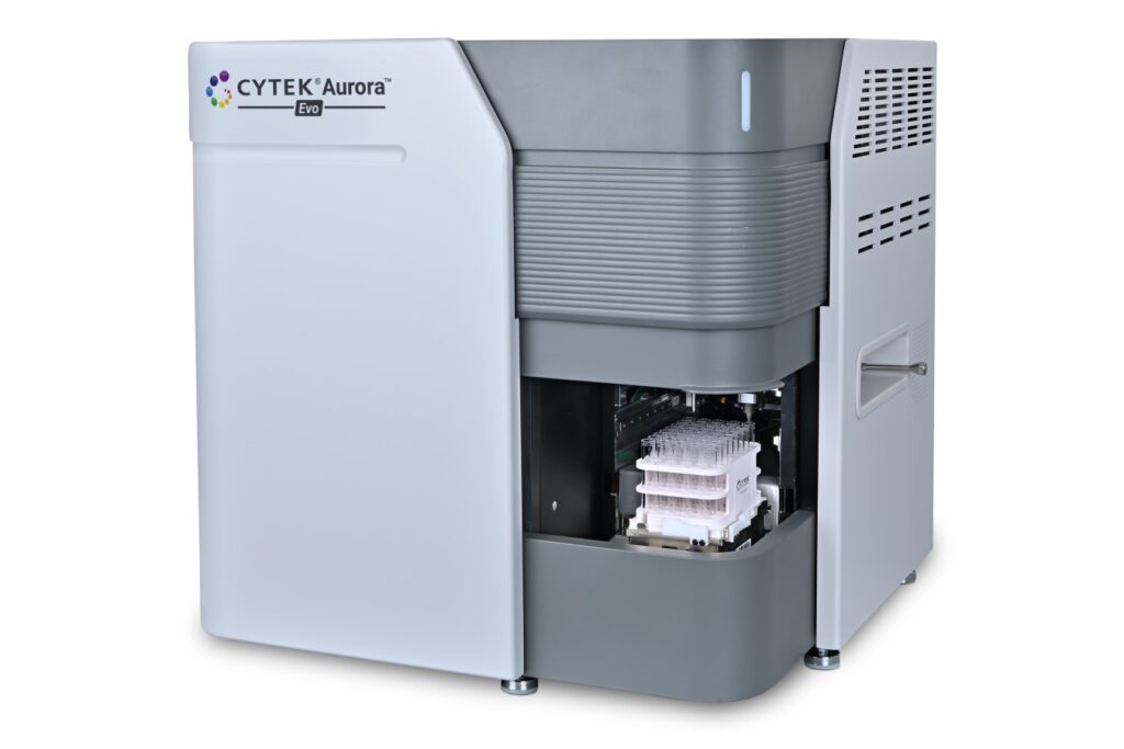 The Aurora Evo Flow Cytometer system on a white background