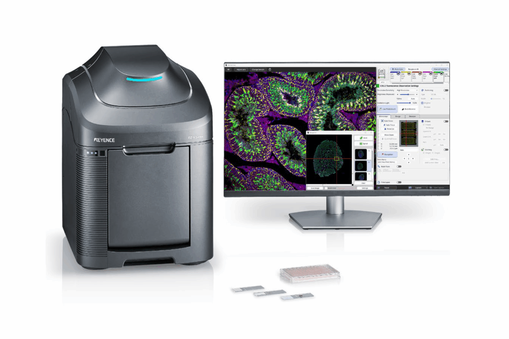 The BZ-X1000 fluorescence microscope on a white background