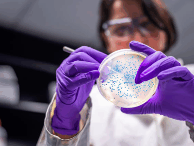 Scientist wearing purple gloves and safety goggles examining bacterial colonies on an agar plate in a laboratory setting.