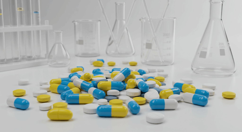 various pharmaceuticals spilled on a lab bench with glassware illustrating the importanc eof tables, capsule and oral dose testing